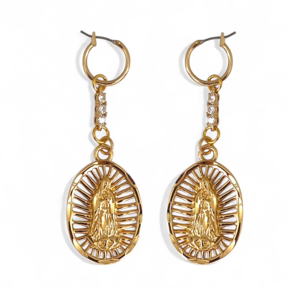 Vanessa Mooney Mother Mary Guadalupe Virgin Mary gold hoop earrings statement